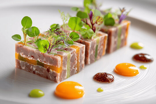 Elegant potjevleesch jellied meat terrine as refined French gourmet appetizer