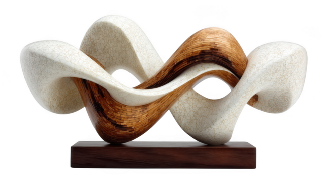 A dynamic abstract sculpture with white textured curves and warm wood intertwining, set on a dark wood base, isolated isolated on transparent background