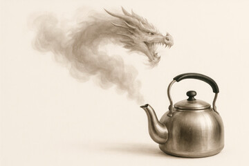 The steam from the kettle turns into a dragon's head. Space for text.