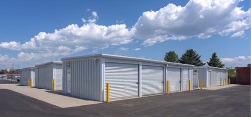 Self Storage Units Under Blue Sky: Rows of modern, clean self-storage units stand under a bright blue sky dotted with fluffy white clouds. The scene exudes a sense of security, organization.