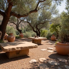 Product presentation template. Two stone benches sitting on a gravel surface in front of trees.