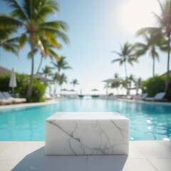 Product presentation template. A white marble block sits on a tiled surface in front of a pool.