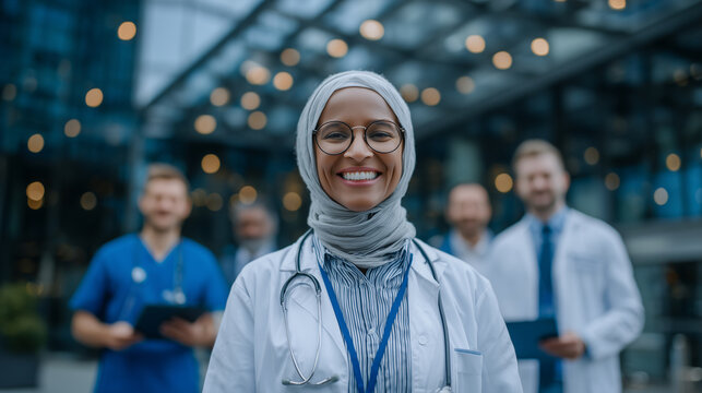 Multicultural medical team wearing scrubs and lab coats gathers around hospital entrance. Focused faces show readiness and trustworthiness, clinical tools visible, bright clean med - Powered by Adobe
