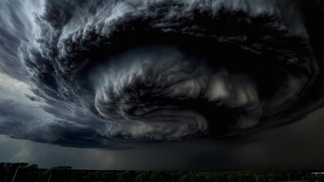 Vast Ominous Dark Storm Cloud Swirling Over Horizon Wide Angle View
