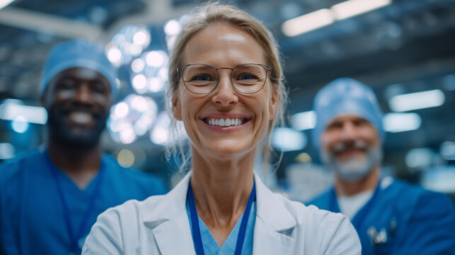 Confident healthcare professionals in lab coats and scrubs stand shoulder to shoulder in hospital treatment room. Patient-centered teamwork highlighted by attentive gazes and medic
