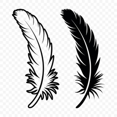 Obraz premium Vector Black and White Fluffy Feather Logo Icons. Silhouette Feather Set Closeup Isolated. Design Template of Flamingo, Angel, Bird Feather. Lightness and Freedom Concept