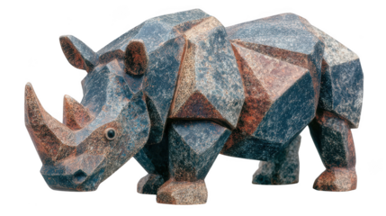 A geometric rhino sculpture with a textured stone finish, isolated on a transparent background