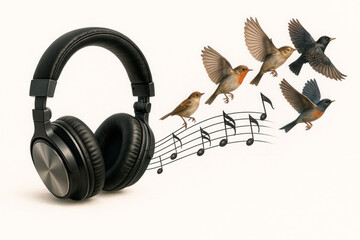 Birds and notes flying out of headphones.
