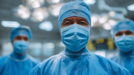 Team of medical professionals in blue surgical attire prepares for complex operation. Focused surgeon wearing face mask glances at camera, surgical instruments and sterile white wa