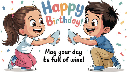 Happy Birthday kids playing video game together, cute cartoon boy and girl gaming, cheerful birthday greeting card, celebration illustration