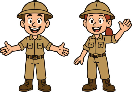 Cute cartoon boy and girl explorers in safari outfit, smiling characters, adventure concept, kids travel illustration, educational clipart