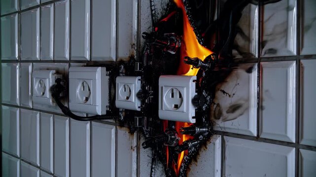 Intense flames and smoke erupt from an overloaded electrical socket on a white tiled wall, demonstrating the dangers of electrical malfunctions
