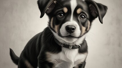 Cute puppy portrait, black and white fur, soft focus