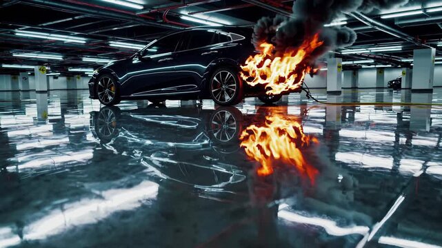 Black electric car battery explodes and catches fire in an underground parking lot, emitting flames and dark smoke, reflecting on the wet floor