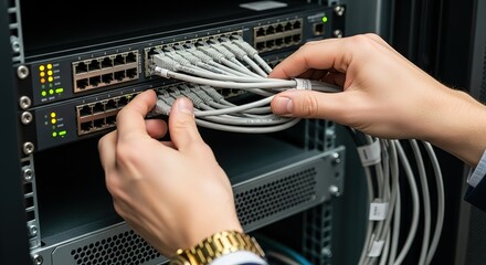 It professional connecting network cables to server rack equipment for enhanced connectivity and data transfer