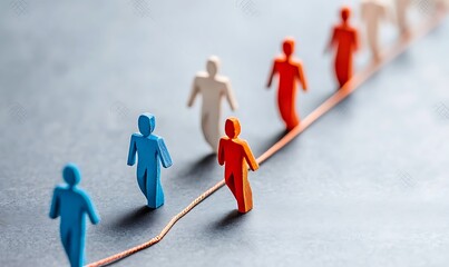 Three diverse business people race forward, symbolizing a winning team's abstract leadership and success