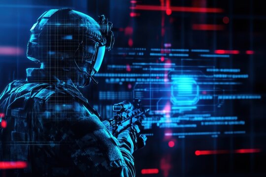 Soldier engages in virtual combat simulation with digital interface in a high-tech environment