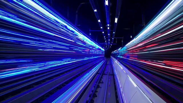 Hyperloop train simulation rendering vibrant light trails streaming through dark tunnel, visualizing high speed transportation technology and futuristic engineering design