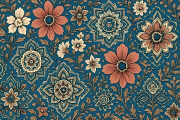Bohemian Floral Pattern with Mandala Elements on Teal Background Seamless Design
