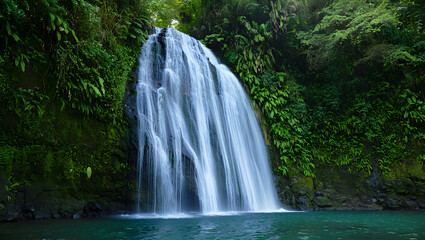 Obraz premium Serene Lush Waterfall Cascading into Teal Pool: Tranquil Nature Scene