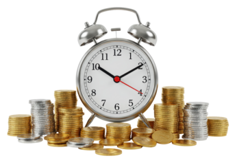 Isolated Alarm Clock and Piles of Coins Time is Money