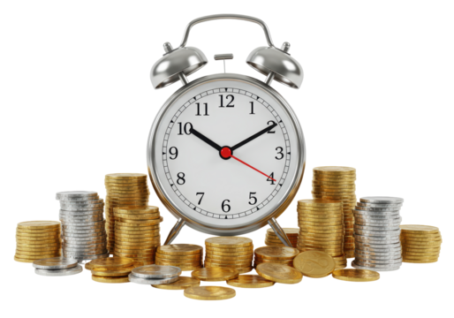 Isolated Alarm Clock and Piles of Coins Time is Money