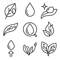 Dew on Leaves Icons. Outline style icons of Dew Drops on Leaves: leaf blade, morning dew bead, tiny droplet cluster, sun gleam