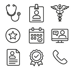 Medical Profile Icons. Outline style icons of Medical Professional Profile: stethoscope icon, hospital badge, specialty caduceus,