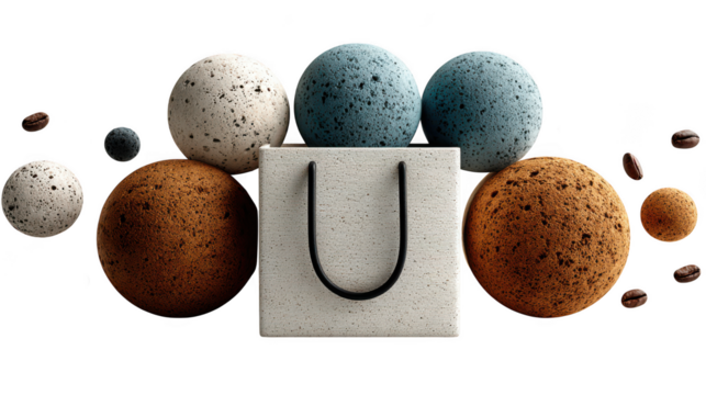 A shopping bag with textured spheres and scattered coffee beans, creating a modern abstract composition on white isolated on transparent background