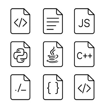 Programming File Icons. Line style icons of Code & Script Files: .html page, .css style, .js script, .py python, .java source,
