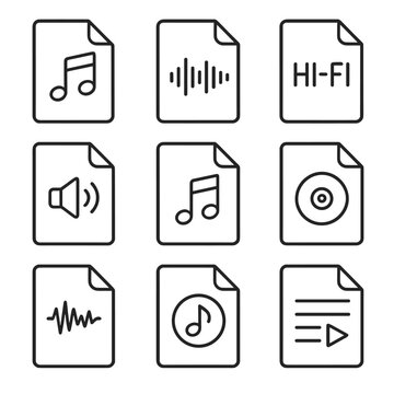 Audio File Icons. Line style icons of Audio File Types: .mp3 track, .wav waveform, .flac hi-fi, .aac file, .ogg sound, .m4a song,