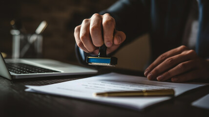 A close-up photograph of hands stamping documents on a dark wooden desk.