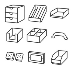 Desktop Drawer Line Icons. Line style icons of Desktop Storage Drawers: three-tier drawer, pencil tray insert, paper tray, sticky
