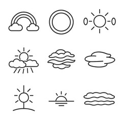 Fototapeta premium Sky Phenomena Icons. Line style icons of Sky Optics Phenomena: rainbow arc, sun halo ring, sundog pair, crepuscular ray beams,