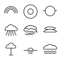 Fototapeta premium Sky Phenomena Icons. Line style icons of Sky Optics Phenomena: rainbow arc, sun halo ring, sundog pair, crepuscular ray beams,