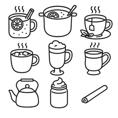 Obraz premium Winter Beverage Icons. Line style icons of Hot Winter Beverages: spiced cider mug, mulled wine pot, herbal tea cup, marshmallow
