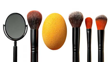 A collection of makeup brushes and a beauty blender isolated on a transparent background