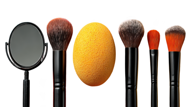 A collection of makeup brushes and a beauty blender isolated on a transparent background