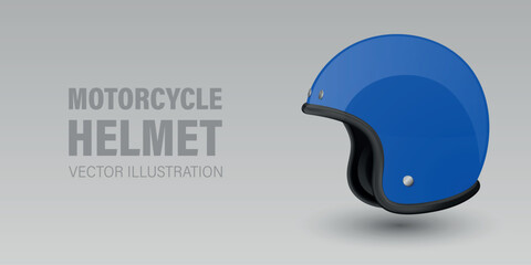 Vector 3D Realistic Blue Classic Vintage Open-Face Motorbike Helmet. Glossy Motorcycle Helmet Design Template for Mockup. Side View. Motorcycle Helmet Icon, Closeup, Isolated