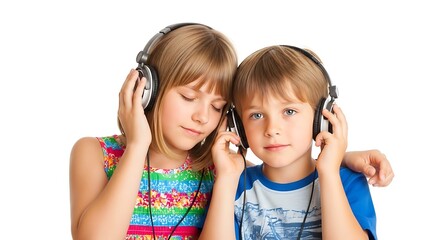 Two children listening to music with headphones, one arm around the other.