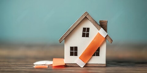 
Miniature house with crack and band aid. Concept of repair and renovation of housing. Restoration of the apartment

