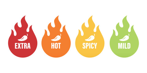 Vector Spicy Level Emblems, Icons with Chili Pepper in Flame Shapes. Extra Hot, Hot, Spicy and Mild Labels for Food Packaging, Menu Tags, Sauce Labels or Restaurant Spiciness Indicator, Vector Set