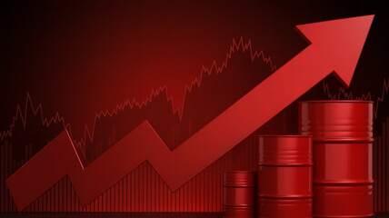A dark red financial chart background with a large upward-pointing arrow in the same red color.