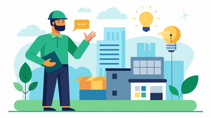 An architect discussing the use of energyefficient lighting and appliances in the design of a sustainable apartment complex.. Vector illustration