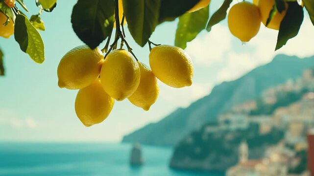 Vibrant lemons hanging against scenic coastal landscape with azure sea and mountains - Powered by Adobe