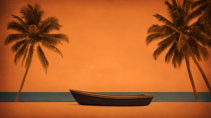 A lone wooden boat rests on a sandy shore between two palm trees under a warm, orange sky at sunset.
