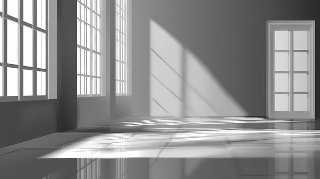 Sunlight and shadow define a minimalist design. light patterns form with windows. the empty room presents a gray background. architectural simplicity, modern template, aesthetic elegance. tranquil.