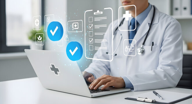 Doctor types on laptop with medical app icons appearing in modern office during consultation
