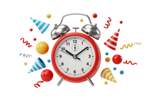 Isolated Festive Alarm Clock with Party Decorations for Celebration