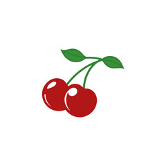 Pair of red cherries with green leaves